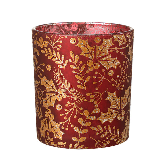RED/GOLD GLITTER HOLLY CANDLE HOLDER SML