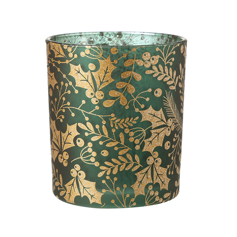 GREEN/GOLD GLITTER HOLLY CANDLE HOLDER L