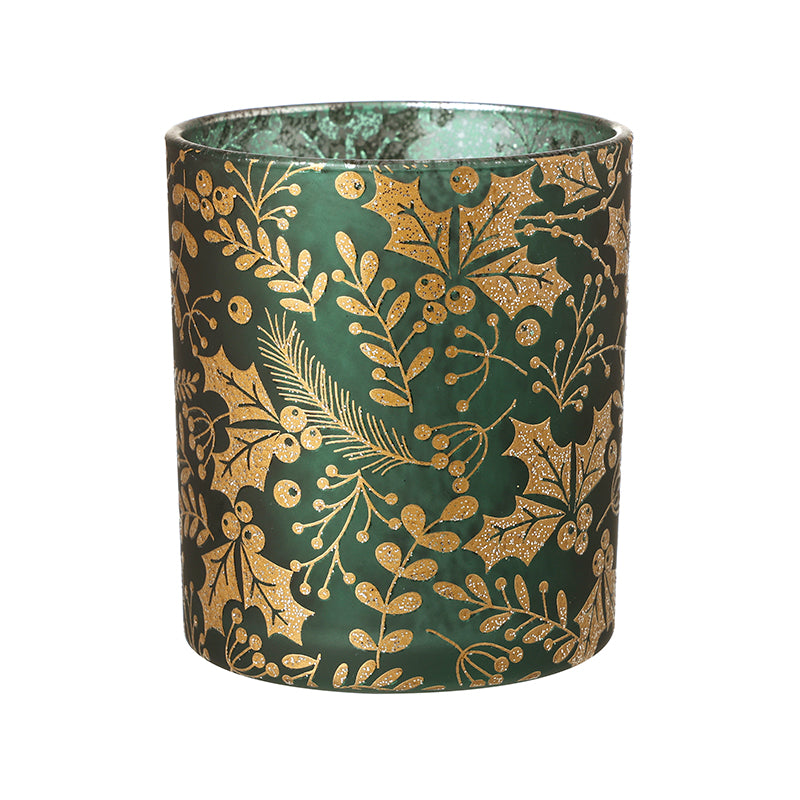 GREEN/GOLD GLITTER HOLLY CANDLE HOLDER S