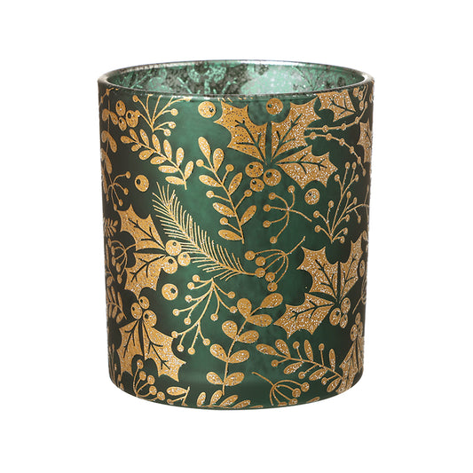 GREEN/GOLD GLITTER HOLLY CANDLE HOLDER S