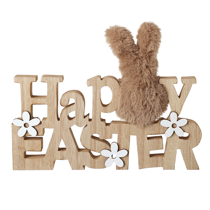 Happy Easter Wooden Block With Fur Bunny