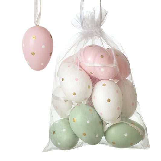Spotty Wooden Egg Hanging Decs Set 12