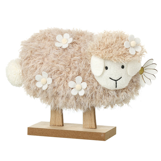 Beige Fluffy Sheep Wooden Ornament