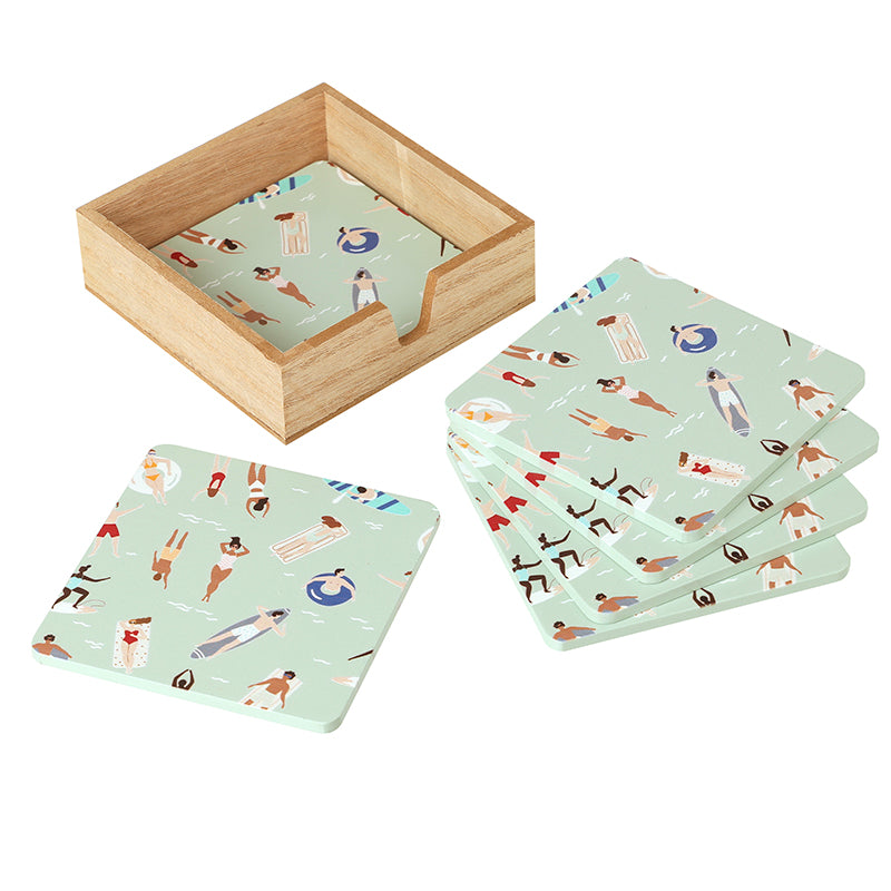 Swimmers In The Sea Wooden Coaster Set