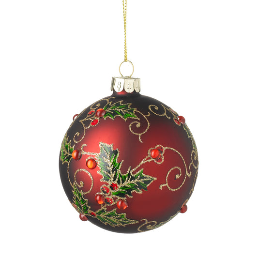 Red Glass Bauble With Holly