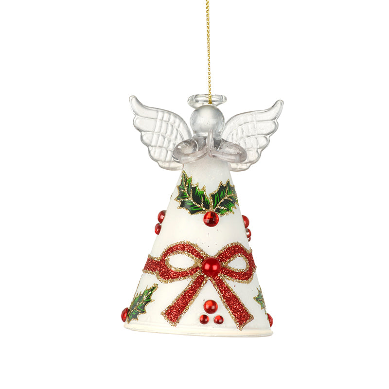 White Glass Angel With Holly Design