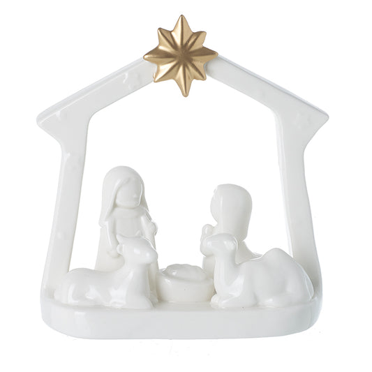 Lg White Ceramic Nativity With Gold Star