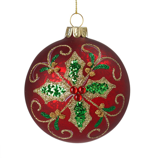 Red Gem And Holly Design Glass Bauble
