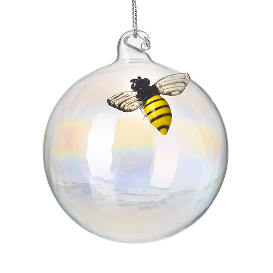 Honey Bee On Pearlised Glass Bauble