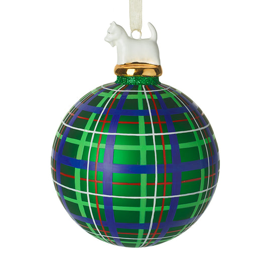 Handblown Glass Baub Tartan White Westie