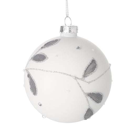 White Glass Bauble With Grey Leaves