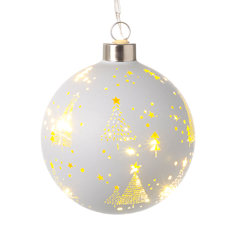 Sml White Glass With Etched Trees Bauble