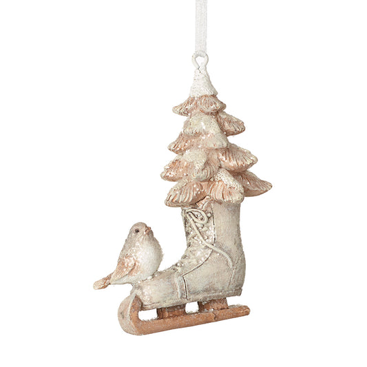 Resin Bird On Ice Skate Fir Cone Dec