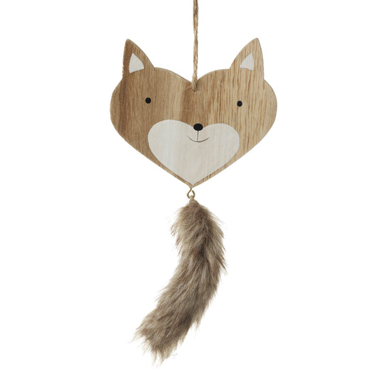Wooden Hanging Fox With Furry Tail