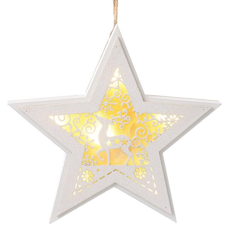 White Light Up Star With Reindeer