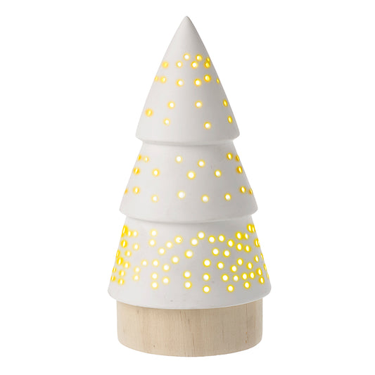 White Light Up Tree On Wooden Base