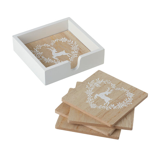 Wooden Reindeer In Heart Coaster Set