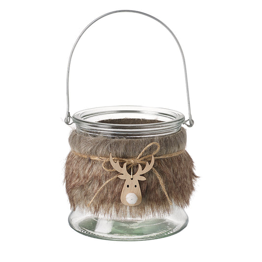 Lg Fur Reindeer Glass Jar With Handle
