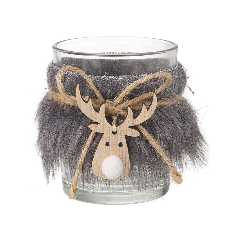 Fur Reindeer Glass T Light Holder
