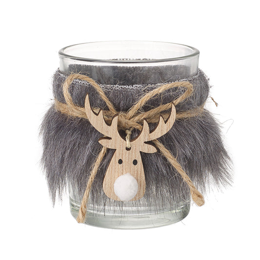 Fur Reindeer Glass T Light Holder