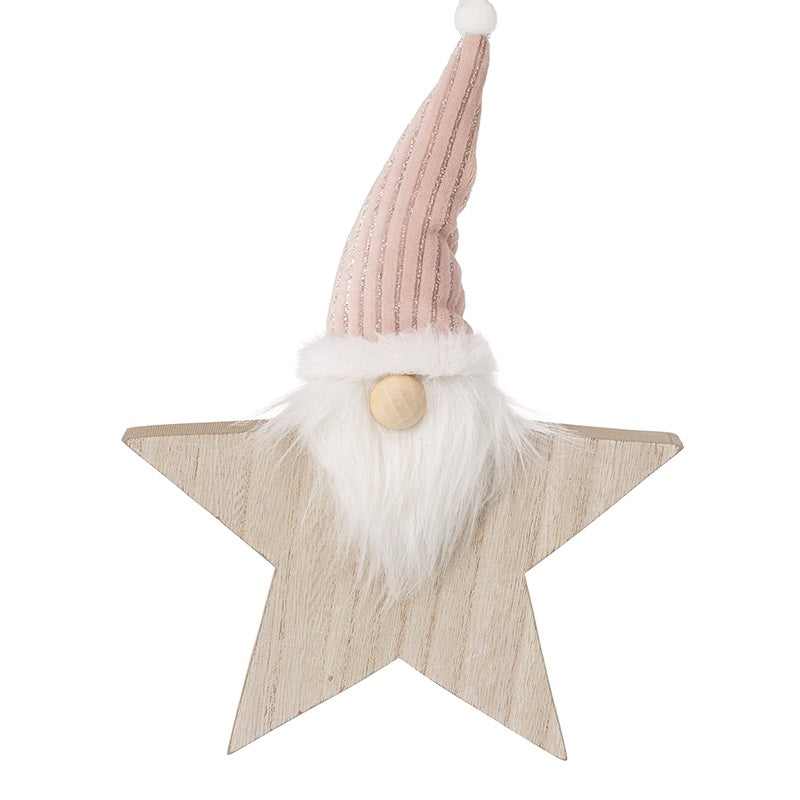 Wooden Star Topped With Gonk In Pink Hat