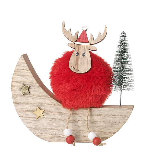 Red Reindeer On Wooden Crescent