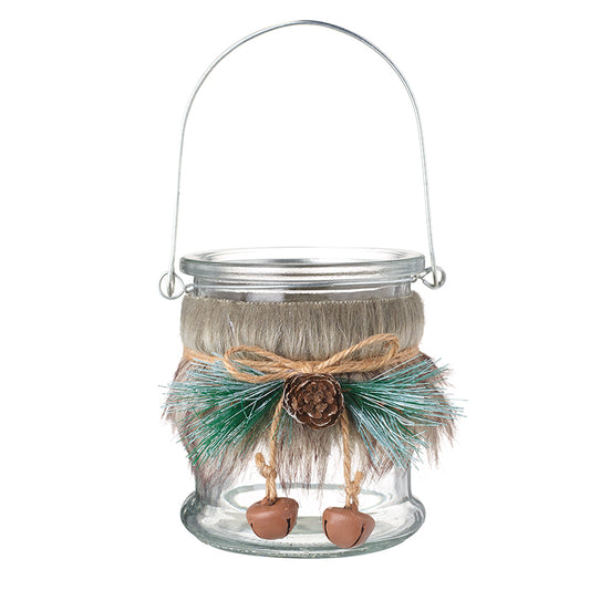 Glass T-Light Jar With Fur Top & Handle