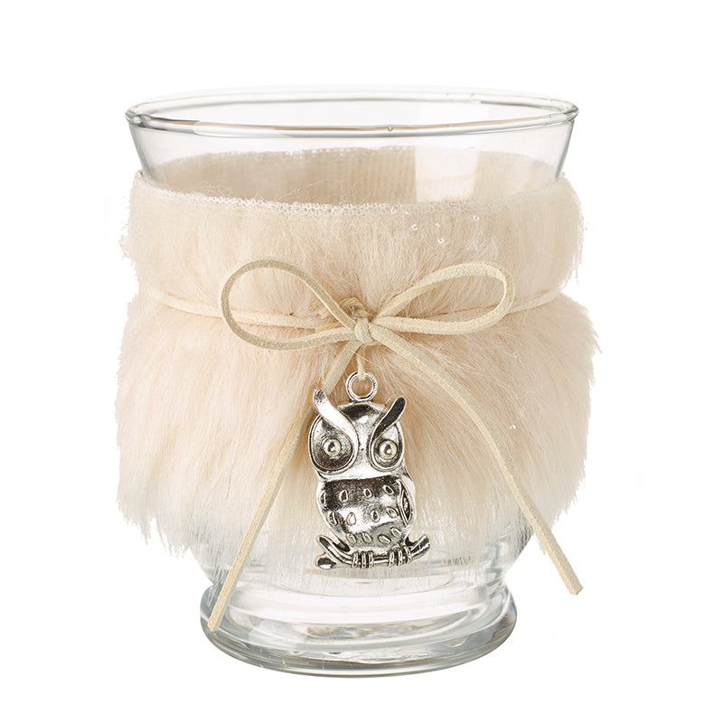 Cream Fur Glass Jar With Owl Decoration