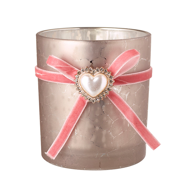 Pink Mottled Glass Jar With Bow & Heart