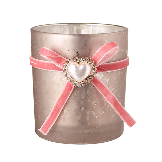 Pink Mottled Glass Jar With Bow & Heart