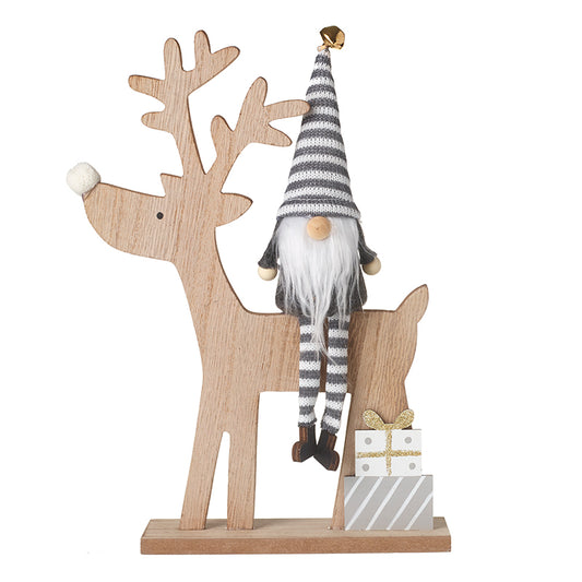 Grey Gonk Sitting On Wooden Reindeer Dec