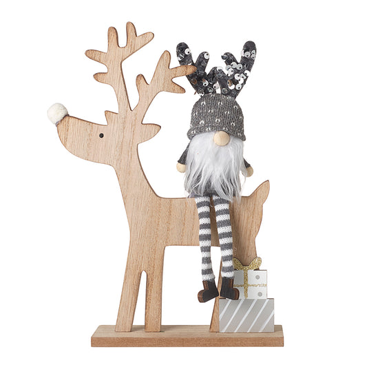 Grey Gonk On Wooden Reindeer