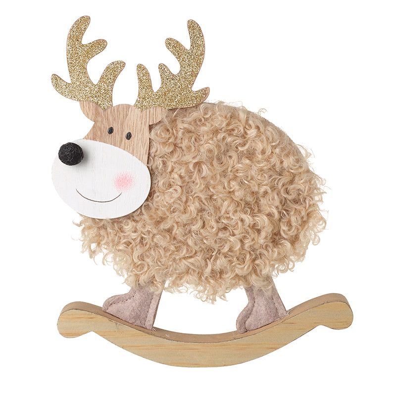 Fluffy Rocking Wooden Reindeer