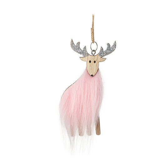 Wooden Deer With Pink Fur Body Tree Deco